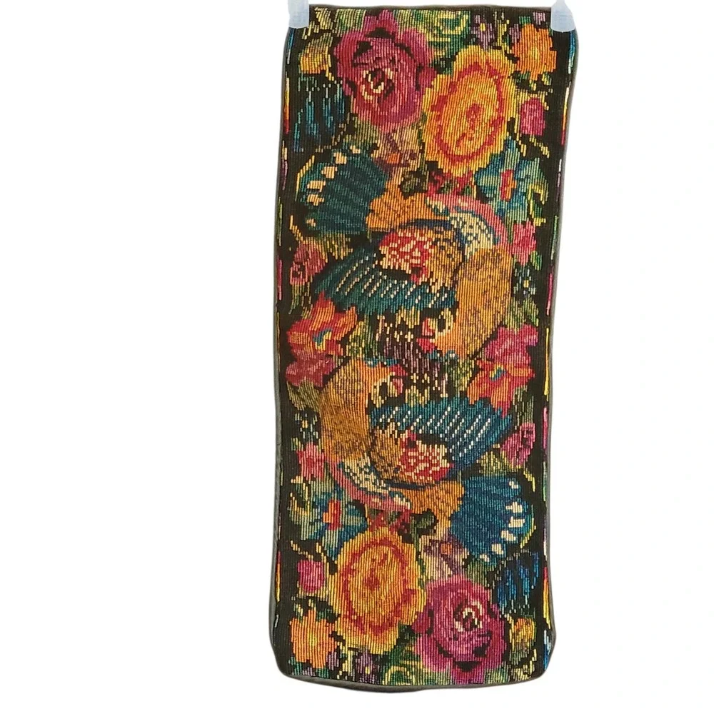 Vintage Needlepoint Floral Tapestry Lumbar Pillow Cover Multicolor Roses 23x9